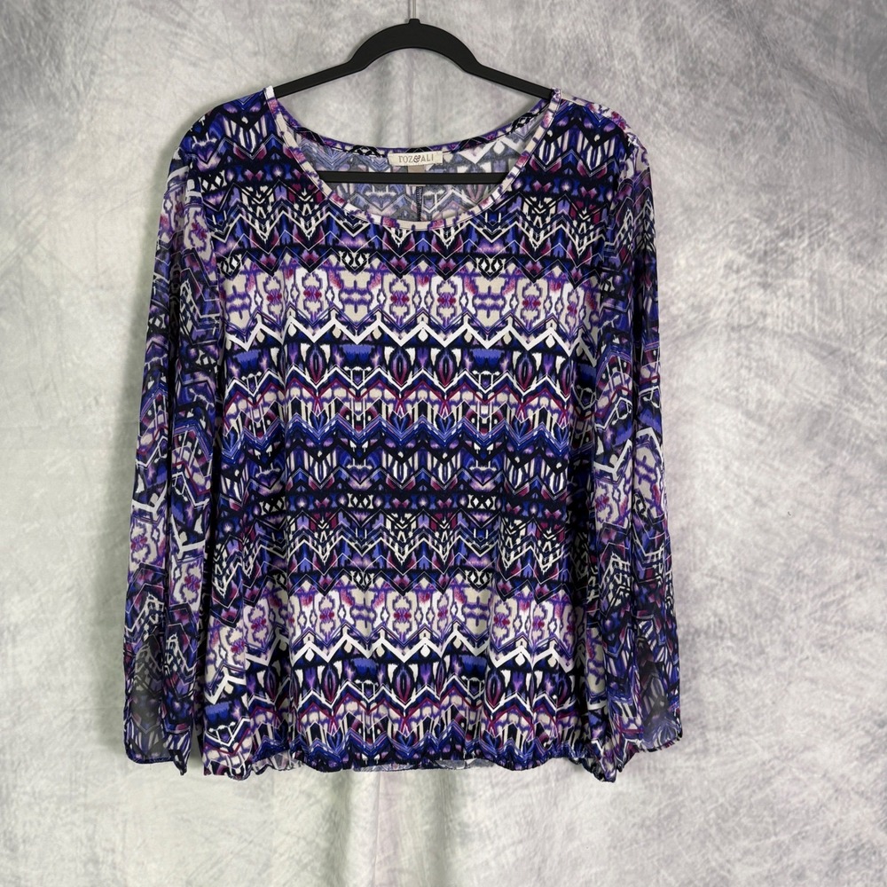 Roz‎ & Ali Top Women's Sz 2X Purple Blue White semi sheer elastic waist boho